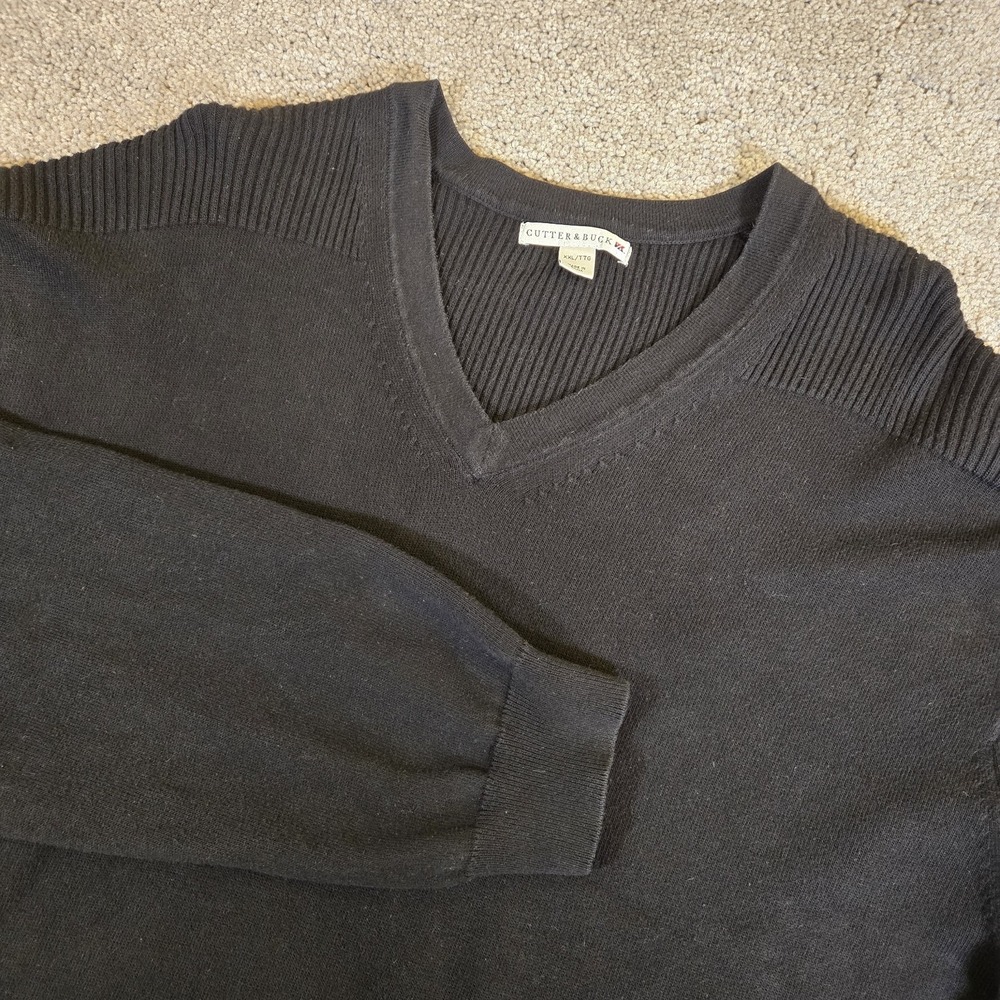 Cutter & Buck Sweater Mens 2XL Black V-Neck Supima‎ Cotton Long Sleeve